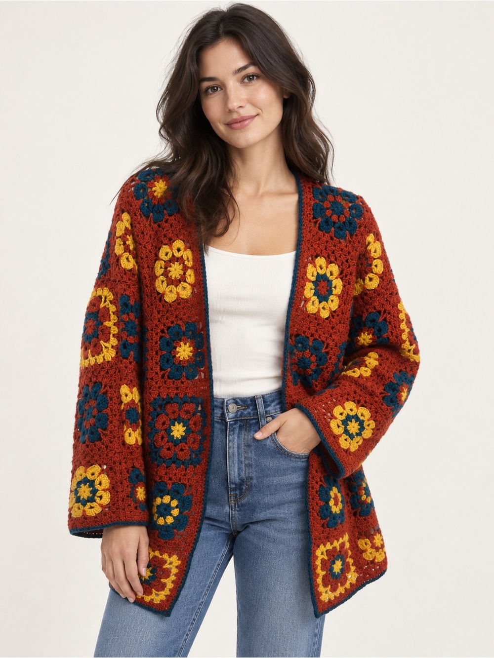 Boho Crochet Granny Square Cardigan Open Front Handmade Style M